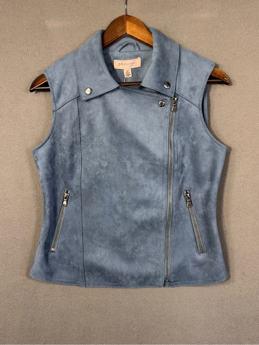 Philosophy Dusty Blue Shadow Faux Suede Sleeveless Moto Vest w/ Zipper, Small - Picture 4 of 16